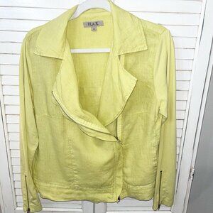 FLAX Linen Moto Zipper City Jacket Lagenlook Citron Green Lightweight Small